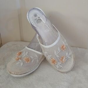 Y2K Style Mesh Slippers Slides Slip On Sandal House Shoe Floral Sequin Beaded 8